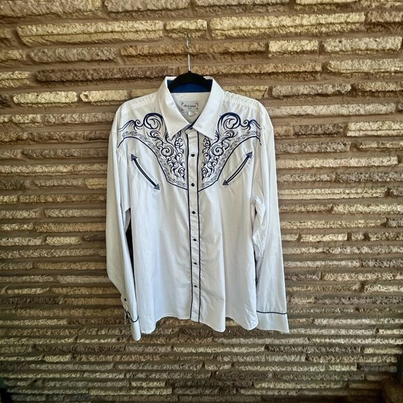 Ace of Diamonds Men's White & Blue Embroidered Western Pearl Snap Shirt Size 2X - Picture 13 of 13